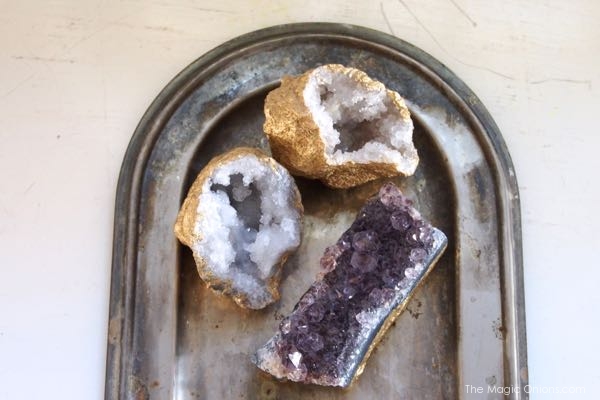 Gorgeous golden geodes and crystals photo made with gold spray paint