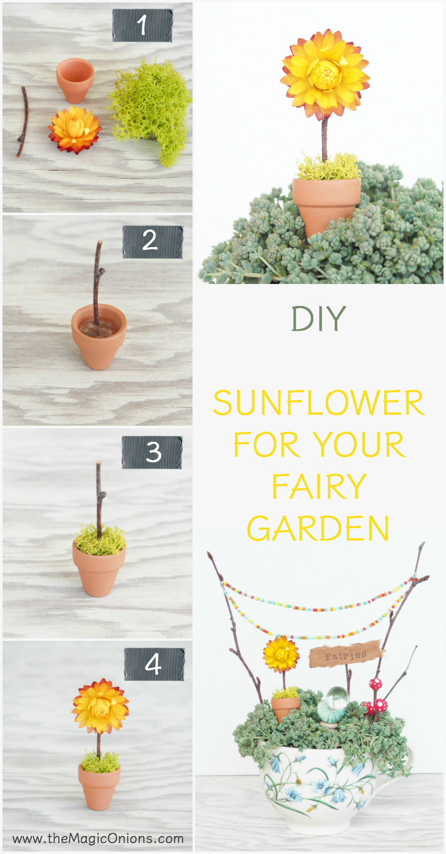 Make a delightful mini SUNFLOWER for your fairy garden with this easy DIY tutorial on The Magic Onions blog