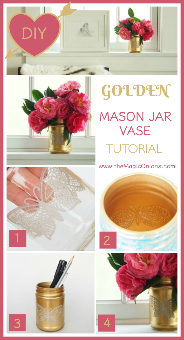 We made this gourgeous flower vase by spraying a mason jar with gold spraypaint with a beautiful lace butterfly pattern. Follow the easy, step-by-step DIY Tutorial