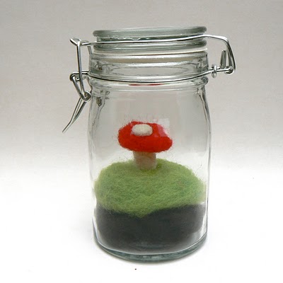 Needle felted toadstool terrarium with moss - waldorf inspired
