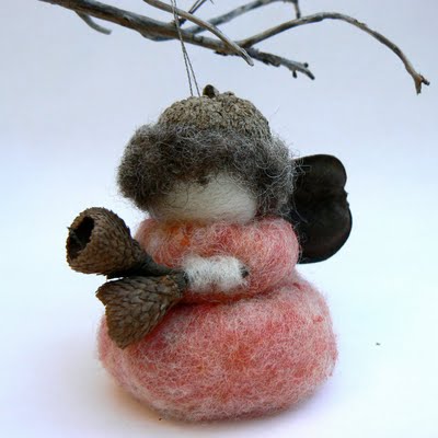 Handmade acorn fairy needle felted wool ornament