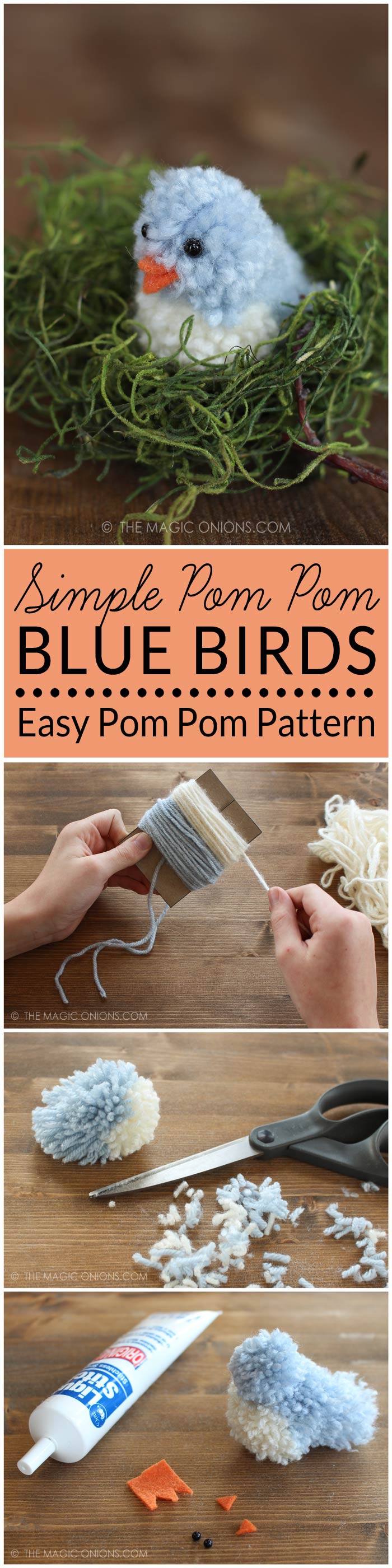 DIY Yarn Pom Pom Blue Birds for Simple Spring and Easter Crafting :: www.theMagicOnions.com