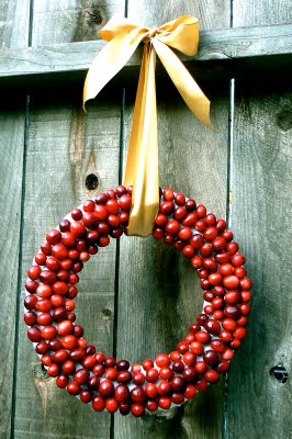 Christmas Cranberry wreath hanging from a gold ribbon