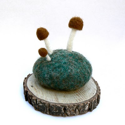 needle felted stone and mushroom