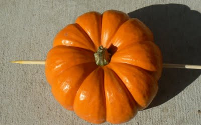 skewering the pumpkins for the halloween wreath